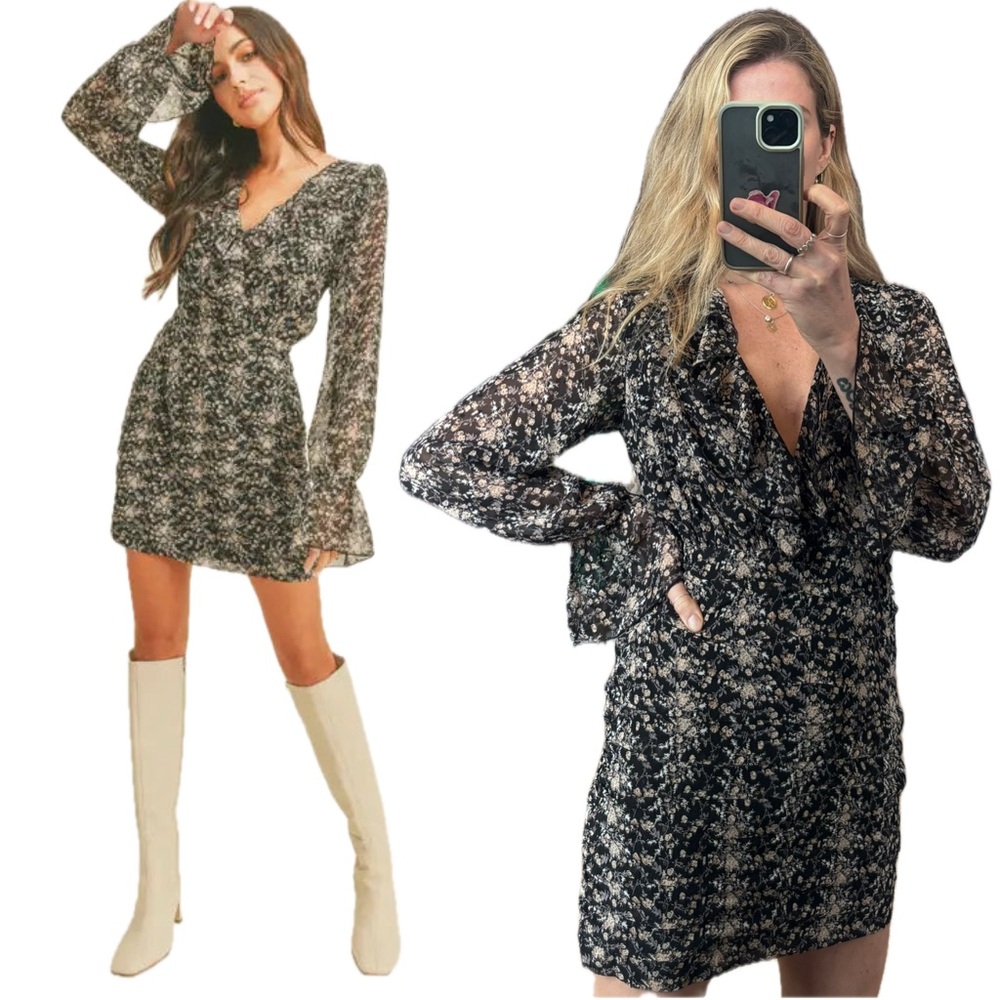 Floret Studios Floral Boho Ruched Ruffle Long Bell Sleeve V Neck Mini Dress